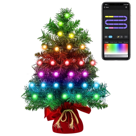 Smart Mini Christmas Tree with Lights, 2ft DIY Smart Tabletop Christmas Tree, Small Artificial Xmas Tree with 75 LED RGB Lights, App Control for Holiday Indoor DIY Christmas Decor