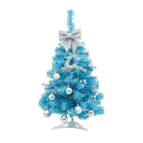 Mini Christmas Tree with Lights and Ornaments, 17.7" Blue Christmas Tree with Light, Pre-lit Artificial Tabletop Christmas Tree with Lights, Elk Ornaments, for Party Desk, Ideal Christmas Decorations