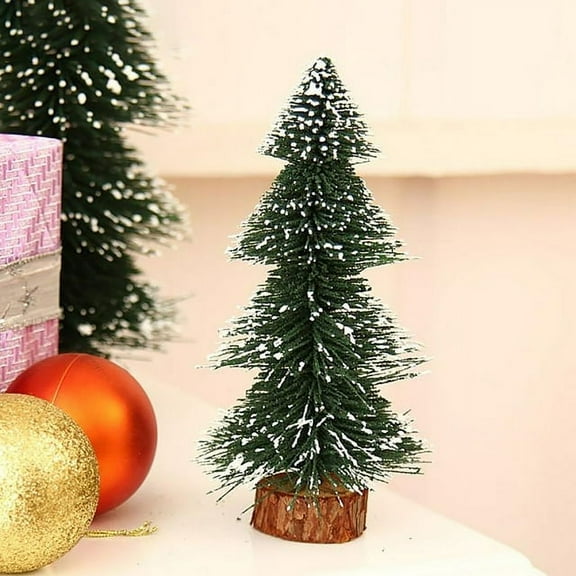 Mini Christmas Tree Miniature Pine Trees Frosted Sisal with Wooden Bases Tabletop Bottle Brush for Xmas Holiday Party Home Decor Green, 1PC