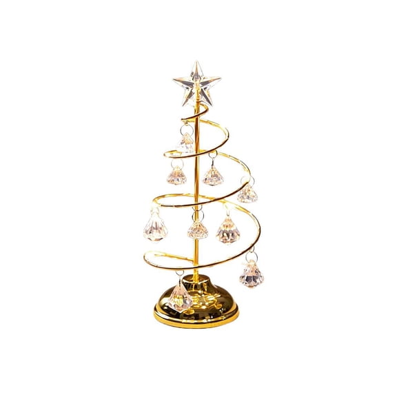 Mini Christmas Tree Ornament Iron Wire LED 2.76x2.76x7.48 Inch Gold, Coiled Tabletop Decor with Star Topper Clear Faceted Pendants Zero Assembly for Apartment Nightstand Study Desk Kids Bedroom
