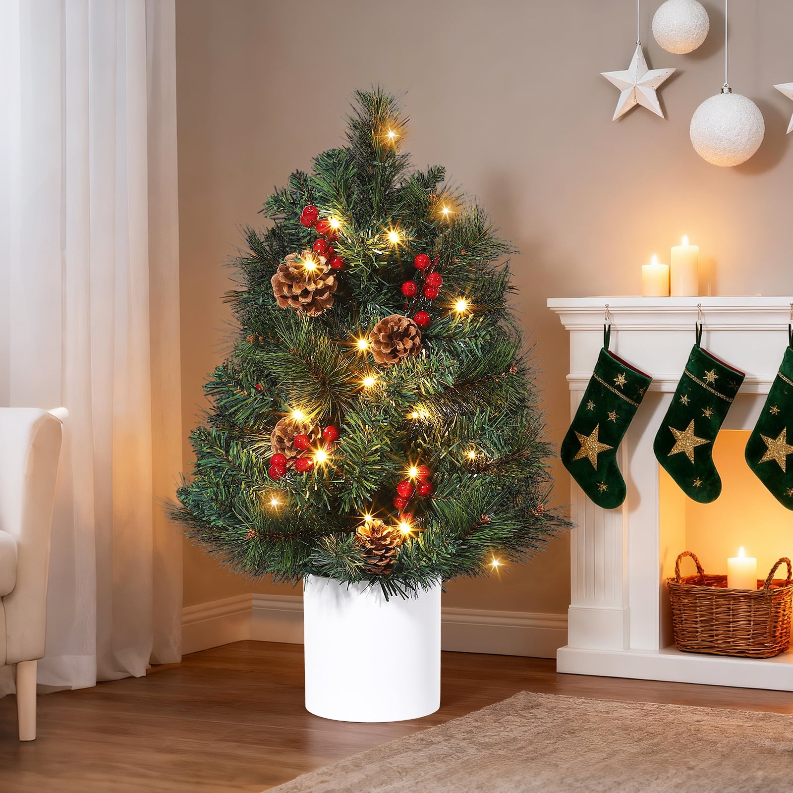 Mini Christmas Tree Pre-Lit with 30 LED Christmas Decorations Battery ...