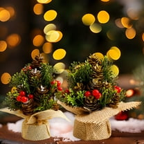 Mini Christmas Tree with Red Berries 5.12in Tabletop Holiday Decoration Pine Cone and Linen Base Tree Ornament for Christmas Desk Fireplace Windowsill Display