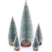 Mini Christmas Tree Set of 5 Bottle Brush Trees Snow Green Wooden Base Artificial Small Pine Tree Xmas Village Table Desk Decor