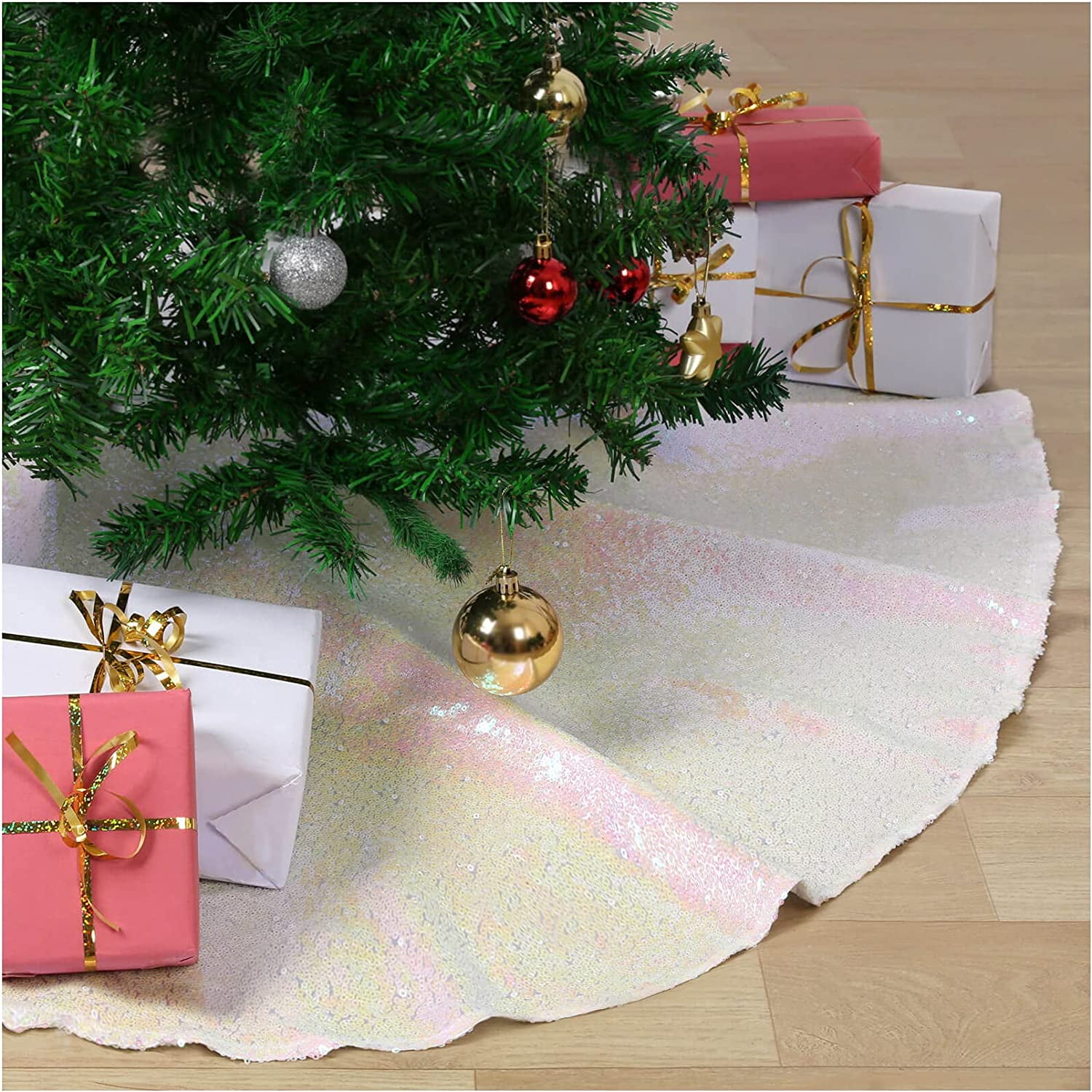 Mini Christmas Tree Skirt 24 Inches Round Glitter Sequin Tree Skirt