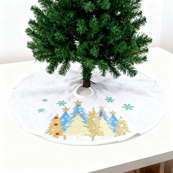 Mini Christmas Tree Skirts, Glitter Trees and Snowflakes Print, Xmas Rustic Farmhouse Holiday Party Tree Mat Tree Skirt Decor for Tabletop Holiday Party Festive Celebration Ornament