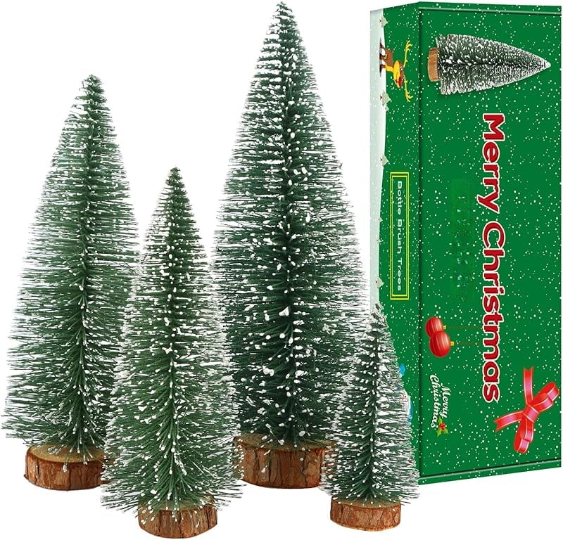 Mini Green Snow Frosted Plastic Tabletop Christmas Trees with Wooden Base, Set of 4