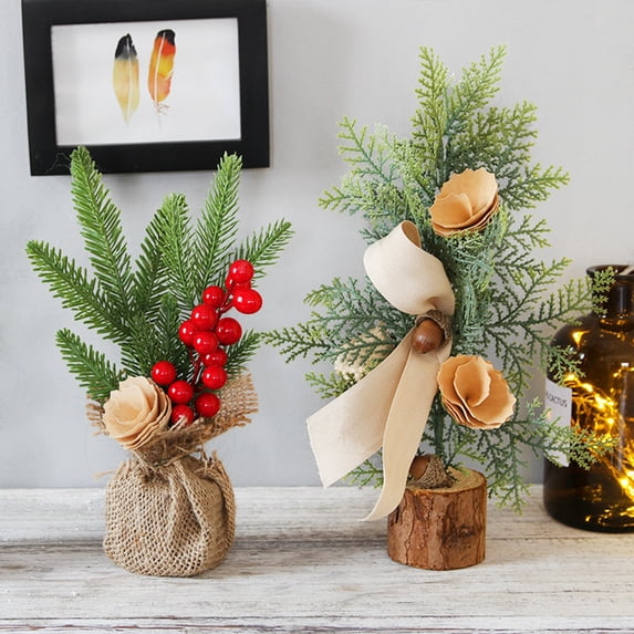 Mini Christmas Tree Table Decorations, 9.8" Small Artificial Trees with Red Berries Pine Cone Greenery Tabletop Centerpiece for Home Office Room Holiday Decorations