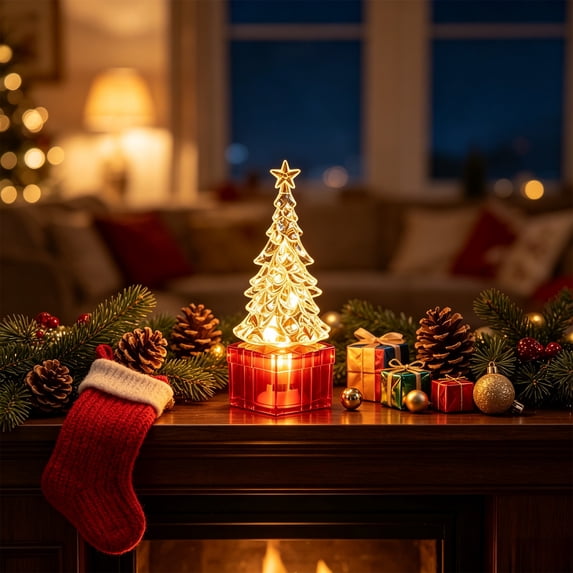 Mini Christmas Tree Table Lamp LED Night Light, Small Xmas Desktop Ornament for Window Sill Fireplace Holiday Decor, Plastic, Warm White Glow, Gift Box Base