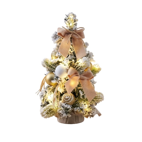 Mini Christmas Tree Tabletop Artificial Pre-Lit Small Christmas Tree with Bows and Baubles, Warm Led Lights, Battery Powered, Indoor Desk and Fireplace Mantel, Cozy Holiday Decor