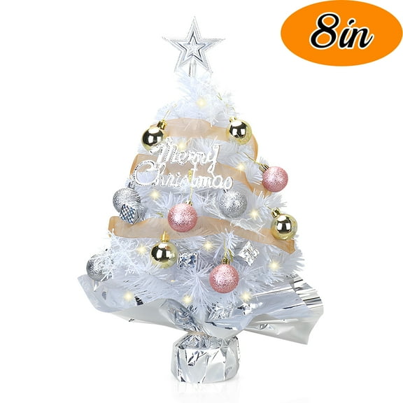 Mini Christmas Tree Tabletop Christmas Tree Decor Artificial Small Xmas Pine Tree with LED Lights and Ornaments White 18in