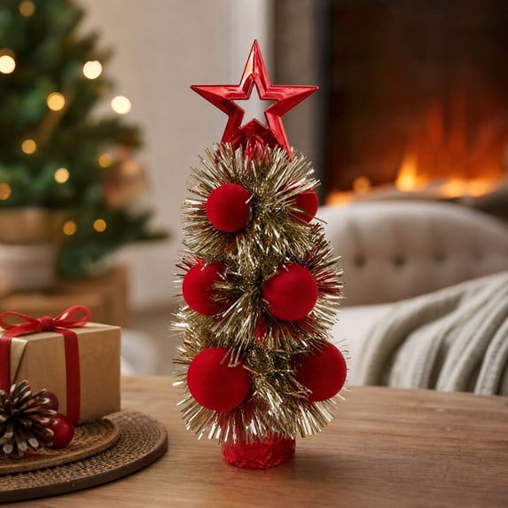 Mini Christmas Tree Tabletop Decor With Star Topper Small Holiday Tree Decoration For Indoor Home Office Shelf Mantel Cabinet Top Display