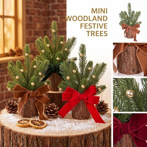 Mini Christmas Tree Tabletop Decoration with Wooden Log Base, Small Rustic Holiday Desk Decor with Red Velvet Bow & Gold Bells, Cute Desktop Centerpiece for Office Shelf Home Gift