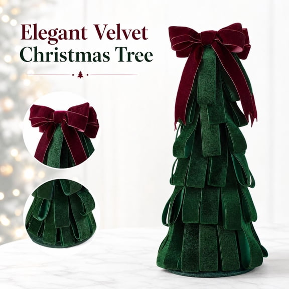 Mini Christmas Tree, Velvet Christmas Decor Tabletop Tower, Pleated Green Christmas Decor with Bow, Desk Dining Table Centerpiece