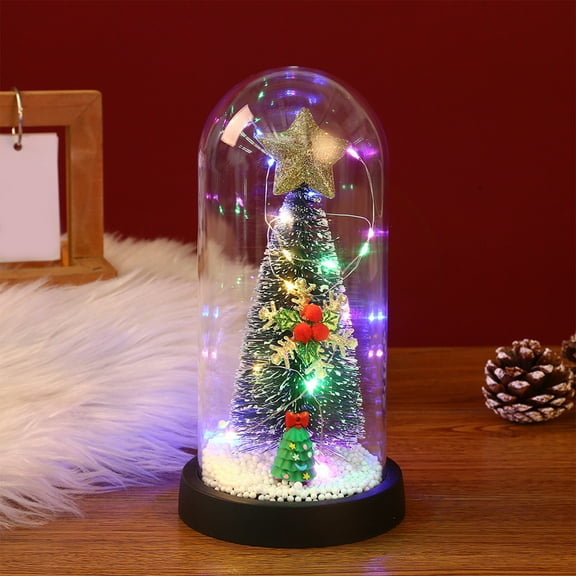 Mini Christmas Tree in Glass Cloche with LED Color Changing Lights, Battery Operated Tabletop Decor for Christmas, 8.66 Inch Multicolor