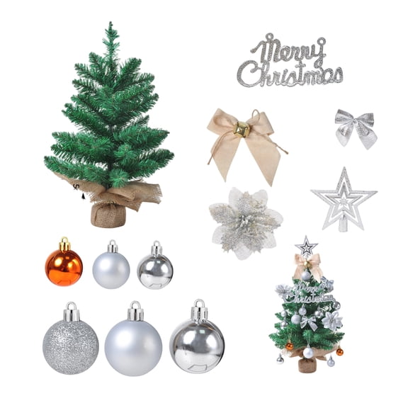 Mini Christmas Tree with 22 Decorations, Shimmering Silver Holiday Tabletop Tree for Home Office, Apartment, Classroom & Kids Room Decor