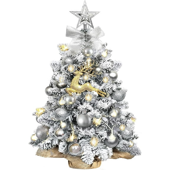 Mini Christmas Tree-with Lights,2ft Pre Lit Artificial Small Christmas Tree Snow Flocked Tree with 24pcs DIY Decorations Tabletop Christmas