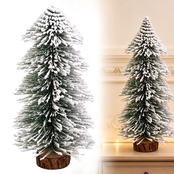 Mini Christmas Trees,Artificial Christmas Tree Bottle Brush Tree with Wooden Base,Snow-Covered Mini Xmas Tree Holiday Table Centerpiece,Lightweight Snowy Xmas Tree Decor for Mantel,Desk,Home
