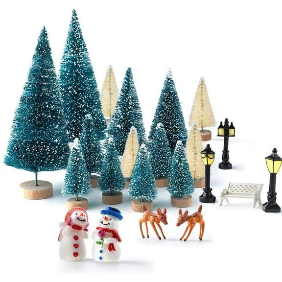 Mini Christmas Trees Bottle Brush Trees with Snowmen Reindeer, 25Pcs Christmas Village Sets Accessories Ornaments for Christmas Decorations Indoor Village Display Platforms Winter Decor