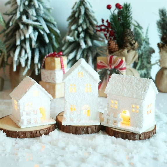 Mini Christmas Wooden House LED Farmhouse Snow View Ornament Christmas Indoor Decor Town Xmas Light-Up Village Scene Decorations(3PCS)
