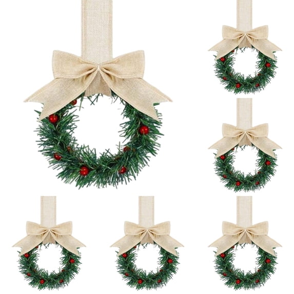 Mini Christmas Wreath 5 Inch Cabinet Door Hanging with Ribbon Bow Berries, Small Artificial Wreath for Kitchen Window Front Door, Farmhouse Wall Xmas Party Decor Ornament 6PC
