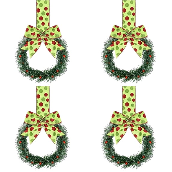 Mini Christmas Wreath 5 Inch Cabinet Door Hanging with Ribbon Bow Berries, Small Artificial Wreath for Kitchen Window Front Door, Farmhouse Wall Xmas Party Decor Ornament 4PC