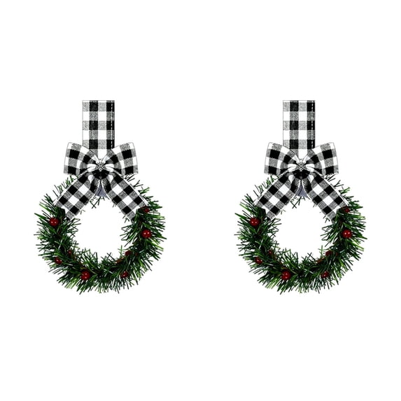 Mini Christmas Wreath 5 Inch Cabinet Door Hanging with Ribbon Bow Berries, Small Artificial Wreath for Kitchen Window Front Door, Farmhouse Wall Xmas Party Decor Ornament 2PC