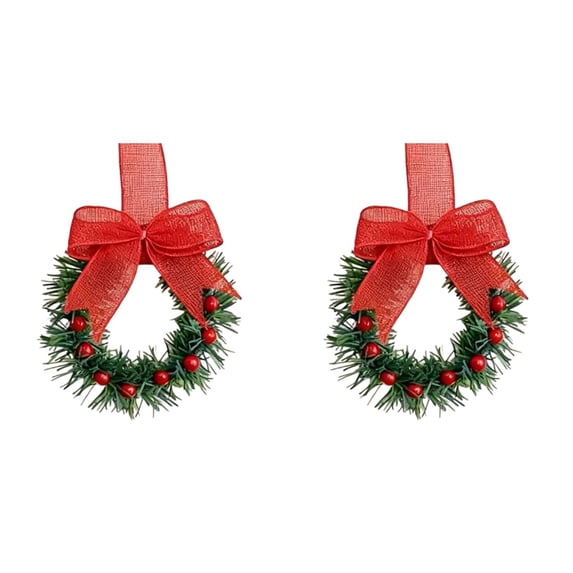 Mini Christmas Wreath 5 Inch Cabinet Door Hanging with Ribbon Bow Berries, Small Artificial Wreath for Kitchen Window Front Door, Farmhouse Wall Xmas Party Decor Ornament 2PC