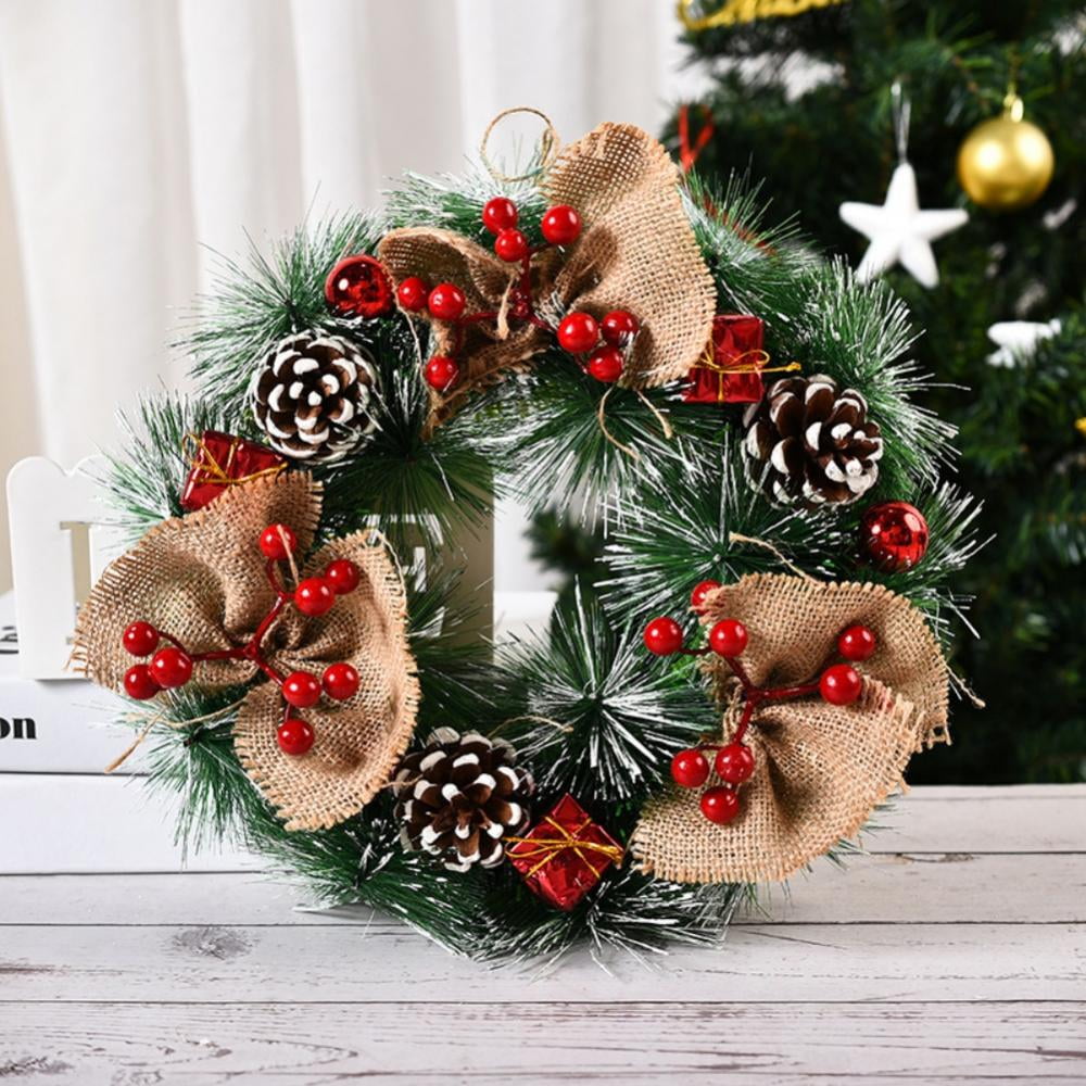 Mini Christmas Wreath for Cabinets Window Crafts Decoration,9Inch  Artificial Snowy Pine Wreaths Poinsettia Flowers and Pine Cone New Year  Party