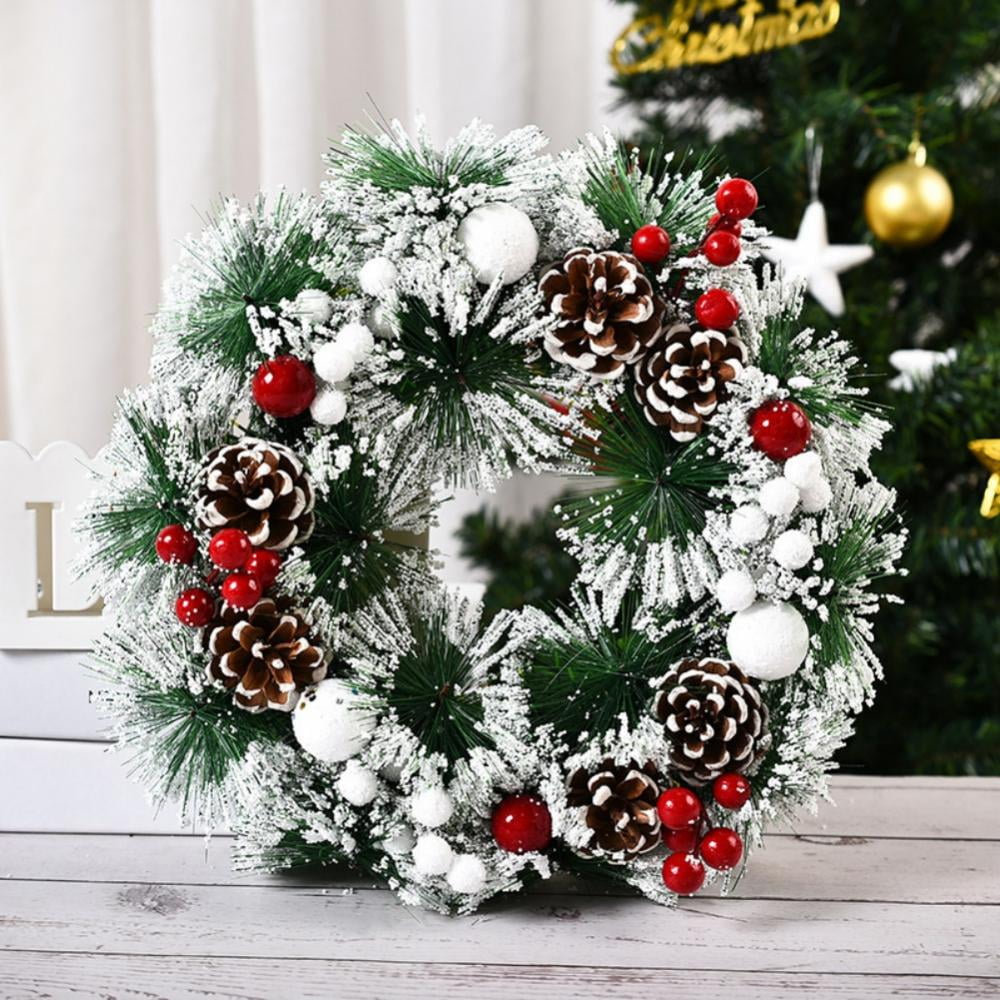 Mini Christmas Wreath for Cabinets Window Decoration,9Inch Artificial Snowy  Pine Cone Poinsettia Flowers Wreaths New Year Party Outdoor Indoor