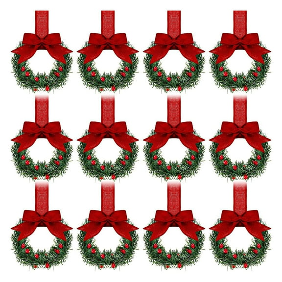 Mini Christmas Wreath Kitchen Cabinet Wreaths with Ribbon Bows Greenery Faux Pine Needle Wreath for Window Door Cabinets Festive Decor