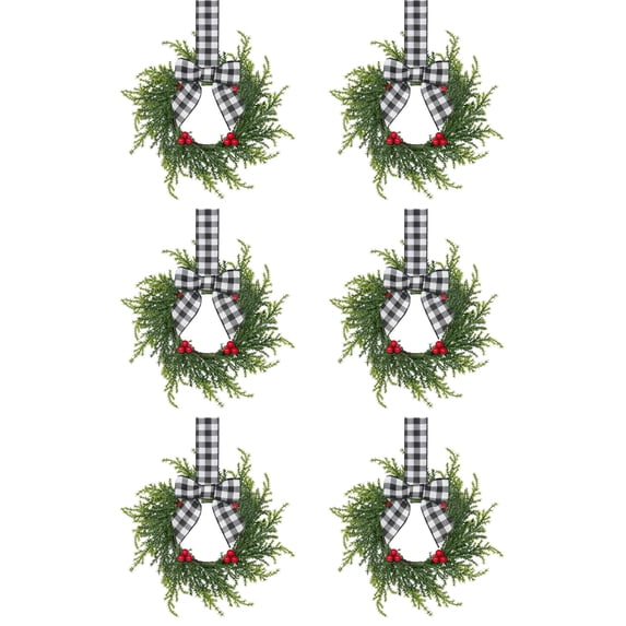 Mini Christmas Wreath Set, Artificial Norfolk Pine Cabinet Wreaths with Red Berries & Trendy Black‑White Grid Bow, Greenery Hanging Ornament for Kitchen Window Wall Porch Xmas Decor