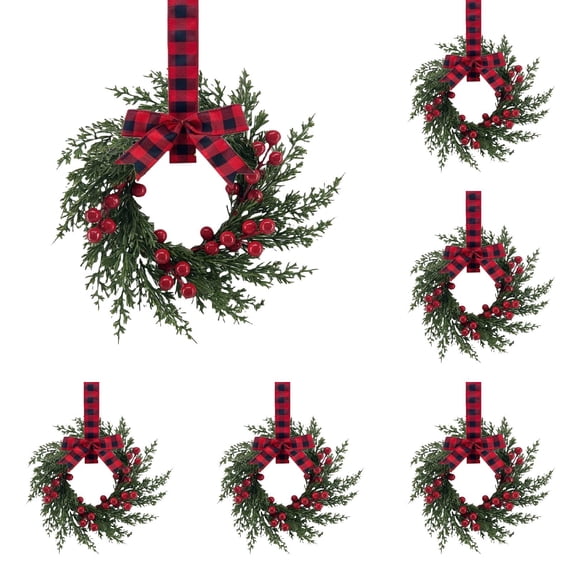 Mini Christmas Wreaths 6 Pack, Green Wreaths with Black Red Plaid Cloth, Window, Cabinet and Craft Decor