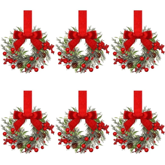 Mini Christmas Wreaths for Cabinets,6.3in Christmas Kitchen Cabinet Wreaths with Ribbon Bows Red Berry,Artificial Hanging Garlands for Kitchen Cabinet Window Door Farmhouse C-hristmas Party