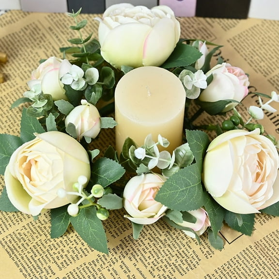 Mini Christmas Wreaths for Cabinets Christmas Table Candle Centerpiece Artificial Rose Candle Rings Wreaths for Wedding Table, Party, Home Decorations