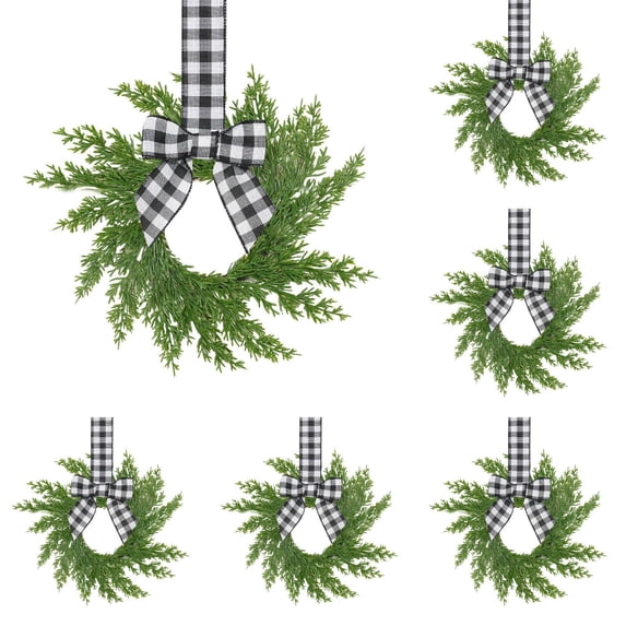 Mini Christmas Wreaths Christmas Artificial French Wreath Bow Ribbon Small Wreath Decorative Hanging Ornament For Home Christmas Decoration,black and white grid 5pcs