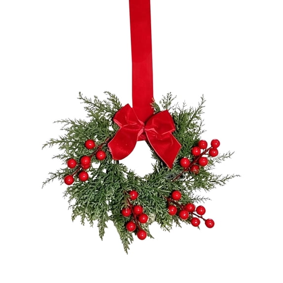 Mini Christmas Wreaths for Kitchen Cabinets, Christmas Wreaths with Red Ribbon Bow Berry for Xmas Home Wall Door Indoor Christmas Decoration, Red by RUIQPGRT