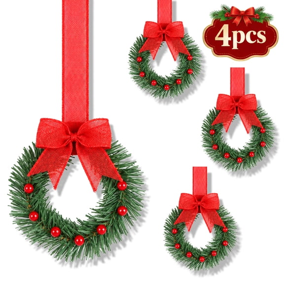 Mini Christmas Wreaths for Kitchen Cabinet with Red Bow and Berries, Artificial Pine Kitchen Wreath for Window Door Holiday Decor