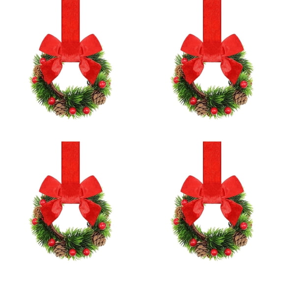 Mini Christmas Wreaths for Kitchen Cabinets | 10 Inch Small Holiday Decor with Red Ribbon Bow | Set of 4 for Window, Door & Office Decorations