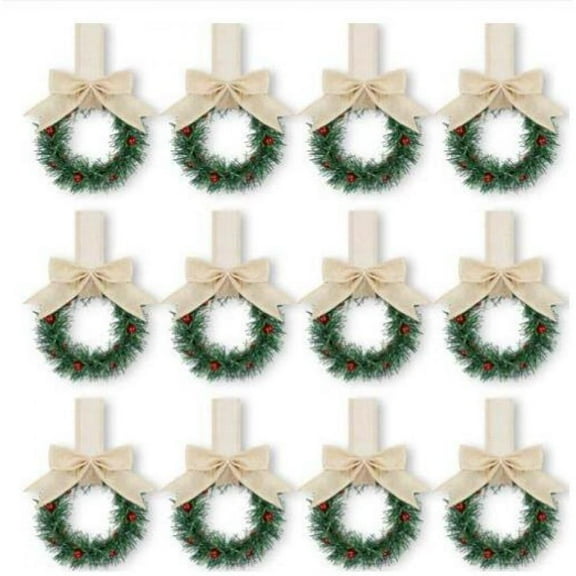 Mini Christmas Wreaths with Assorted Ribbon Bows for Kitchen Cabinet Door Fridge, All-Season Festive Decor with Easy Adhesive Hanging