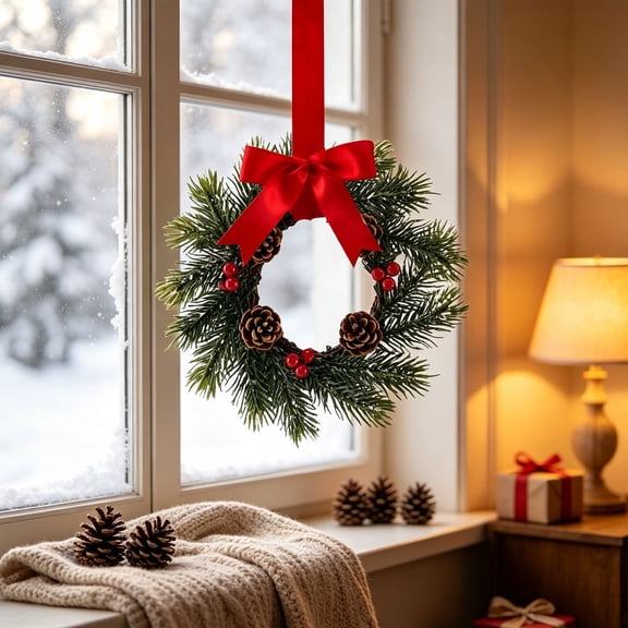 Mini Christmas Wreaths with Red Bows, Faux Norfolk Pine, Berries & Pine Cones for Kitchen Cabinets, Windows, Fireplace, Door & Holiday Decor
