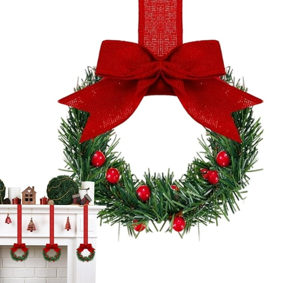 Mini Christmas cabinet wreath, artificial wreath with red berry bow, festive decorative set, suitable for farmhouse-style doors, windows, chairs, stairs, porches, and interior winter home décor.