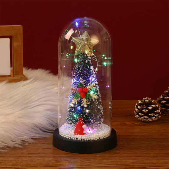 Mini Christmas tree glass cover ornament, multicolor LED light decoration battery powered, transparent glass desktop display, for holiday home and office decor