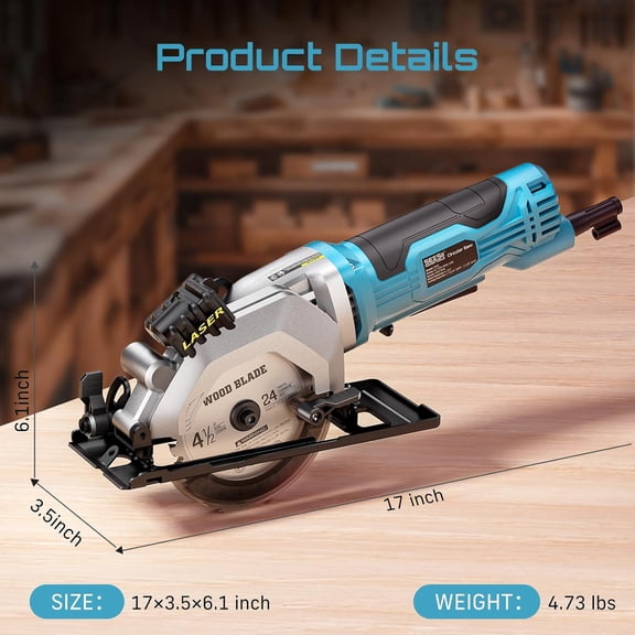 Mini Circular Saw with Laser Guide, 4.8A 4000 RPM Compact Corded Circular Saw with Rip Guide, 3 Blades (4-1/2") for Wood, Soft Metal, Tile, Plastic Cutting