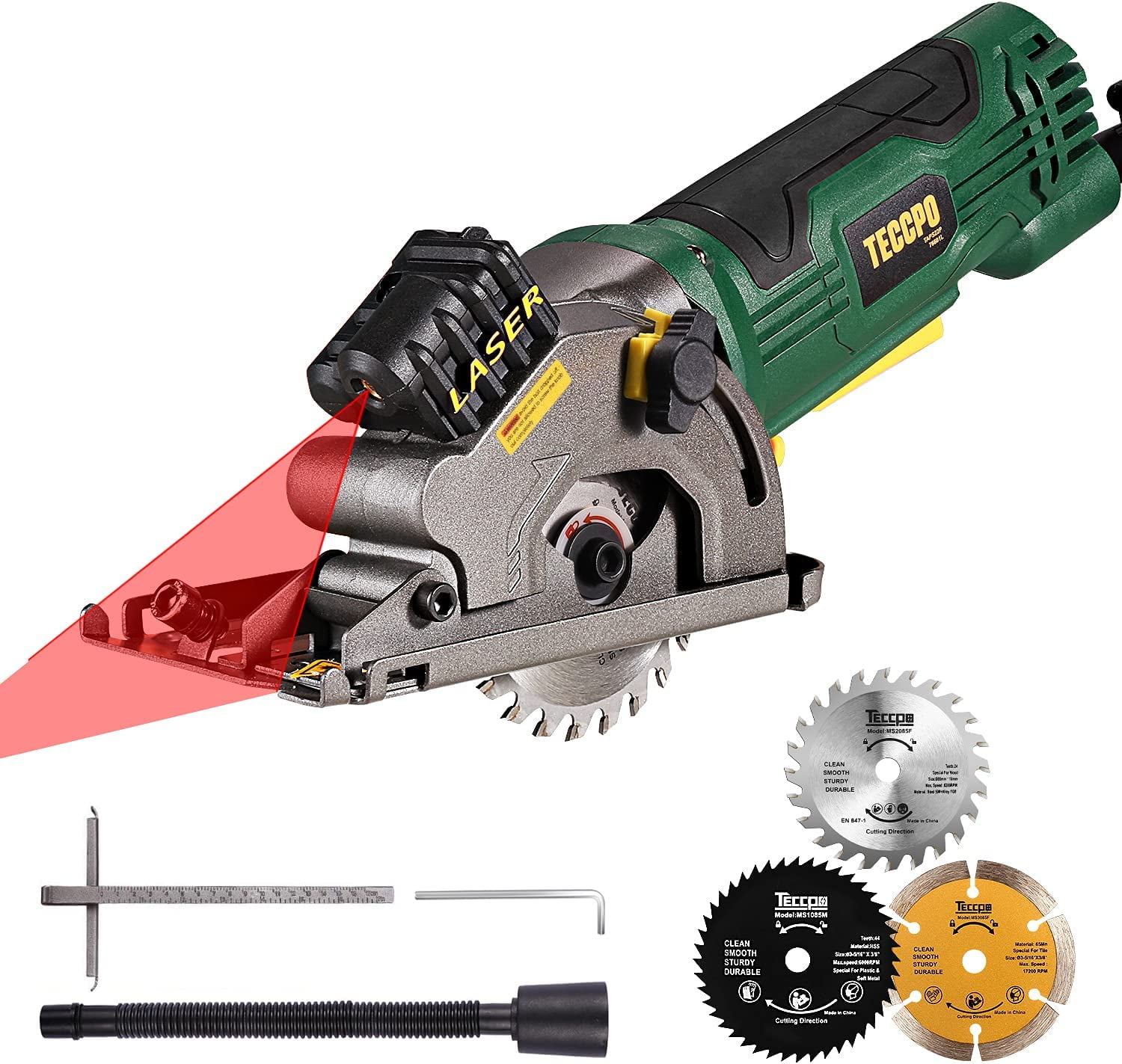Mini Circular Saw, TECCPO 4.8Amp Compact Circular Saw, 3700RPM, with Laser Guide, Scale Ruler, Vacuum Port, 3 Blades for Cutting Woods, Tile and Soft Metal. Ideal Design for Small Projects -TAPS22P
