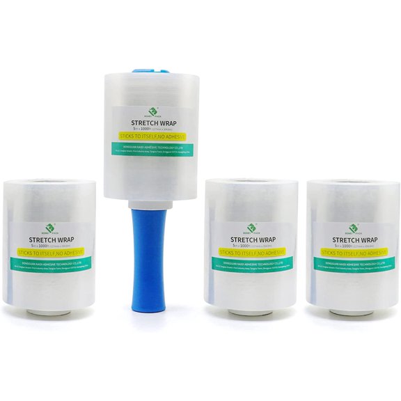 Mini Clear Industrial Stretch Wrap Film 5" x 1000ft 4 Pack with Handle, 80 Gauge Thick Cling Plastic Wrap for Moving, Pallet Wrap - Self Adhering Packaging Heavy Duty Shrink Film