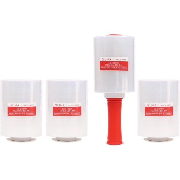 Mini Clear Industrial Stretch Wrap Film, 80 Gauge Thick Cling Plastic Wrap for Moving, Pallet Wrap - Self Adhering Packaging Heavy Duty Shrink Film, 5" x 1000ft 4 Pack with Handle