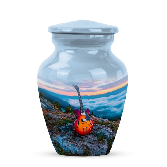 Mini Cliff Guitar Urns, Keepsake Urns For Human Ashes Small, Sunset Music Themed Cremation Urn For Ash For Adults Male, Mountain Scene Memorial Keepsake Urn For Ashes, Size 3 Inch 1Pcs