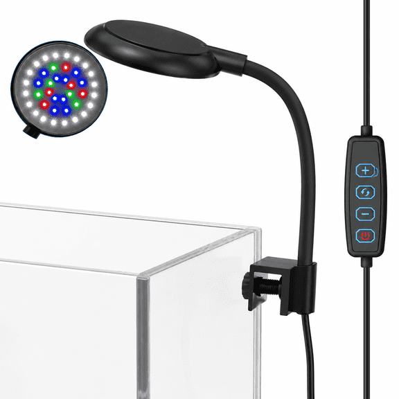 Mini Clip On Aquarium Light 7W Dimmable Small Fish Tank Light USB Moving Lamp with White Red Blue Green LED for 1 to 3 Gallon Tanks
