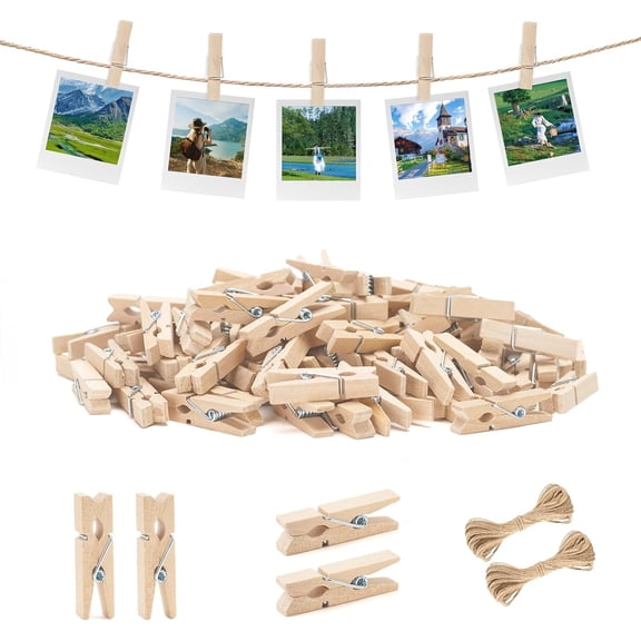 Mini Clothespins with String - 100Pcs Small Wooden Clothes Pins, Natural Brown Photo Hanging Clips, Craft Clips for Picture, Cocktails Decor, Baby Shower, Wedding