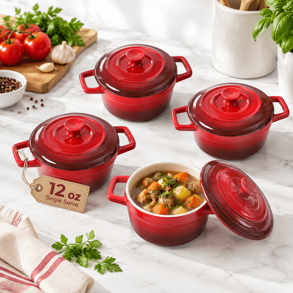 Mini Cocotte 12oz Ceramic Casserole Dish Set With Lid Red